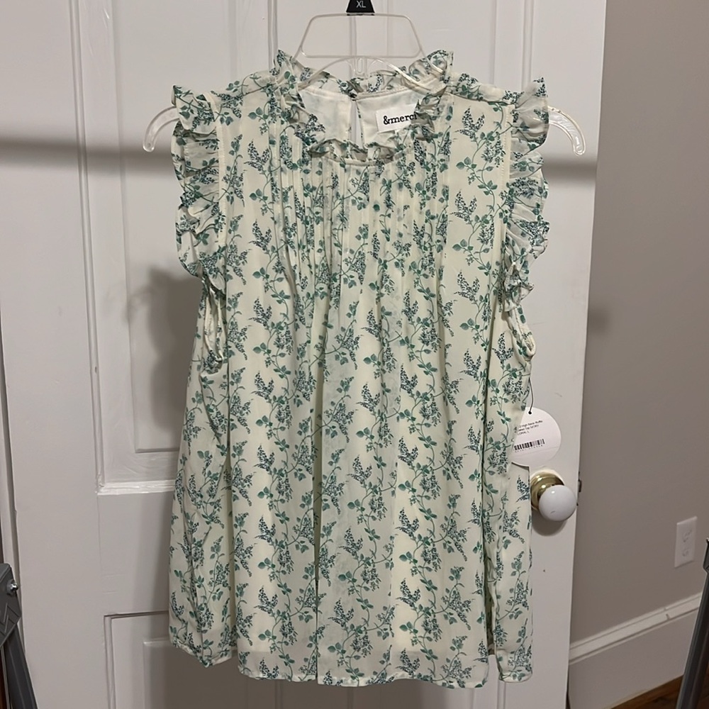 Floral Ruffle Women's Top - Green and Cream - Picture 3 of 15